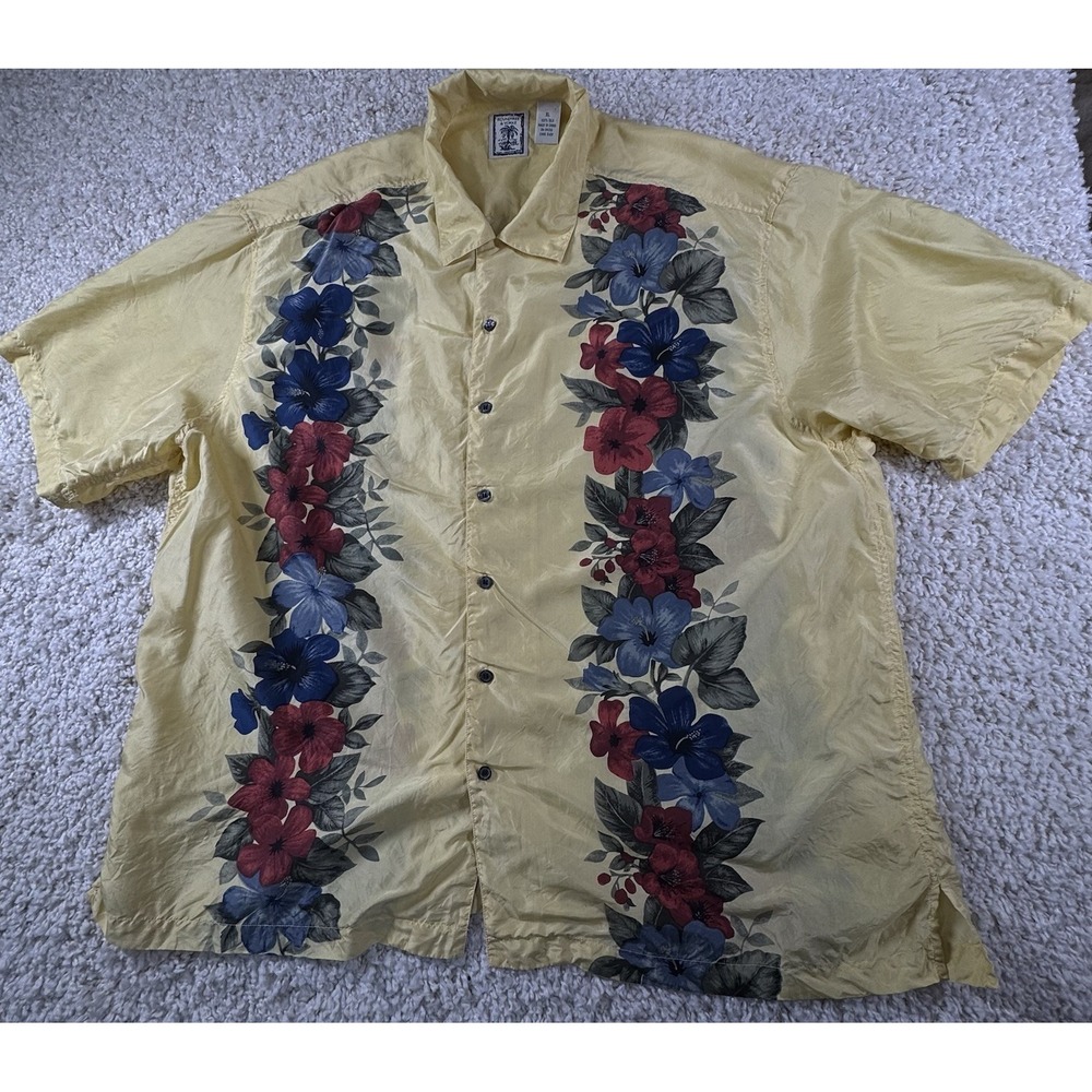 Roundtree & Yorke Camp Shirt Men XL 100% Silk Large Yellow Tropical Hawaiian